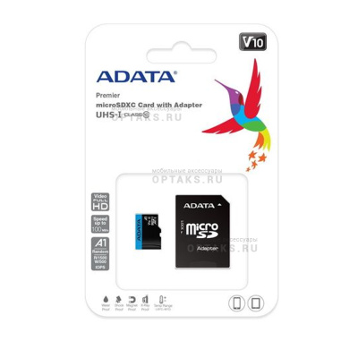 Карта памяти microSDXC 64 Гб ADATA, Premier, AUSDX64GUICL10A1-RA1, Class10, UHS-1 U1 A1, R/W - 85/25 MB/s, с адаптером